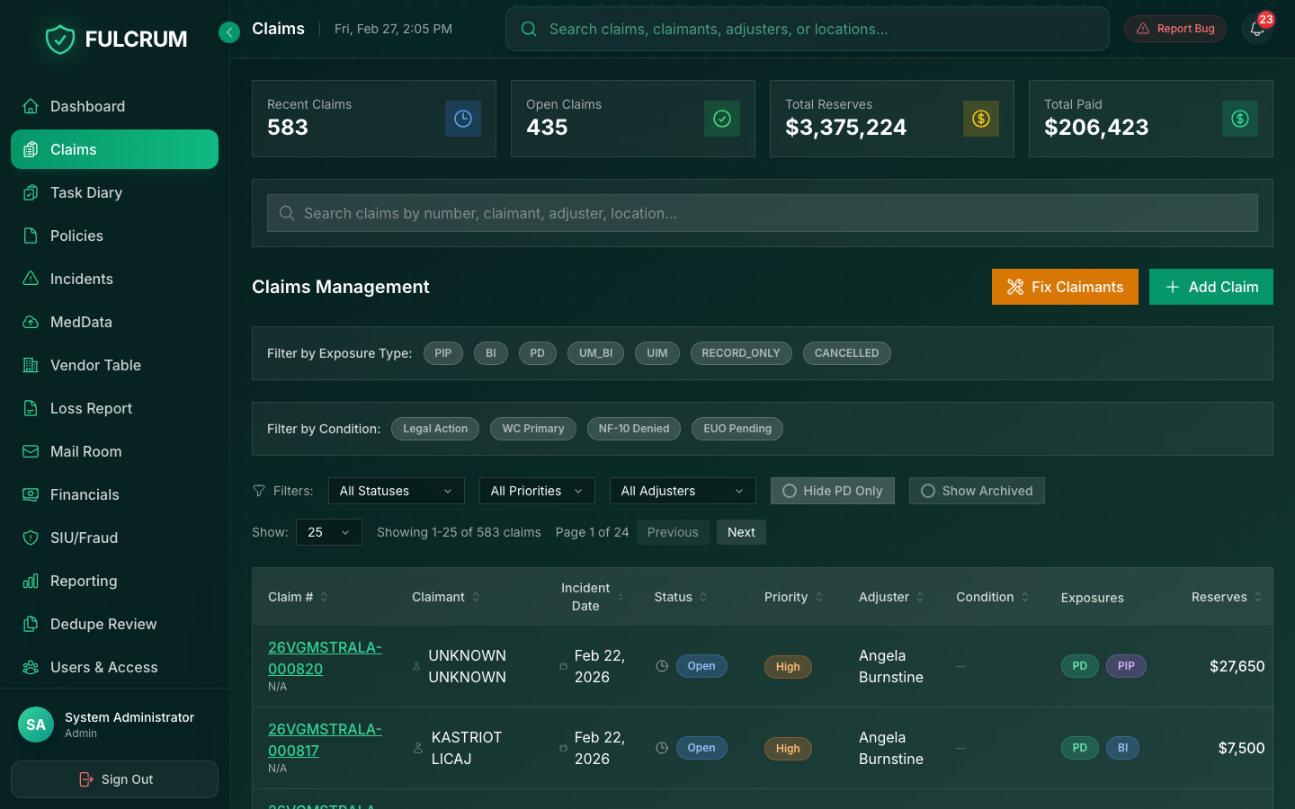 Fulcrum Claims Management View